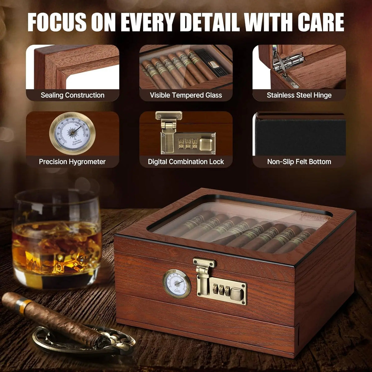 Stainless steel 90-degree hinge on cedar wood glass top cigar humidor lid open