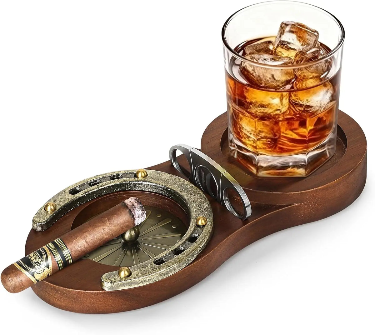 Top-down view of horseshoe cigar ashtray showing oval wood tray and zinc alloy heat gasket detail