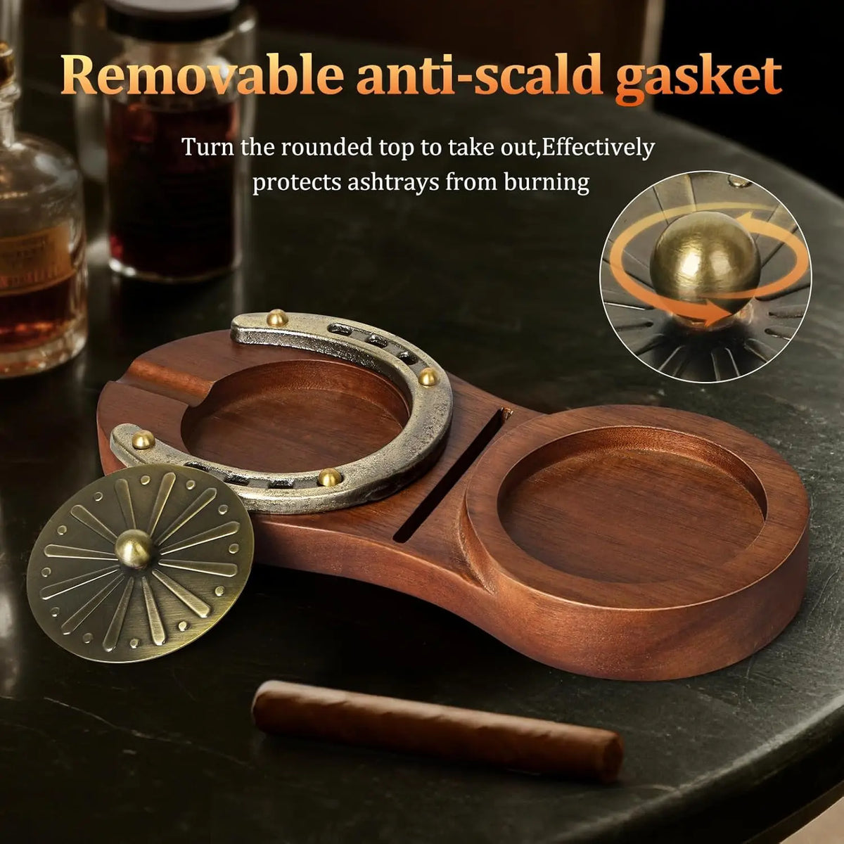 Removable zinc alloy anti-scald gasket lifted out of the horseshoe cigar ashtray for cleaning