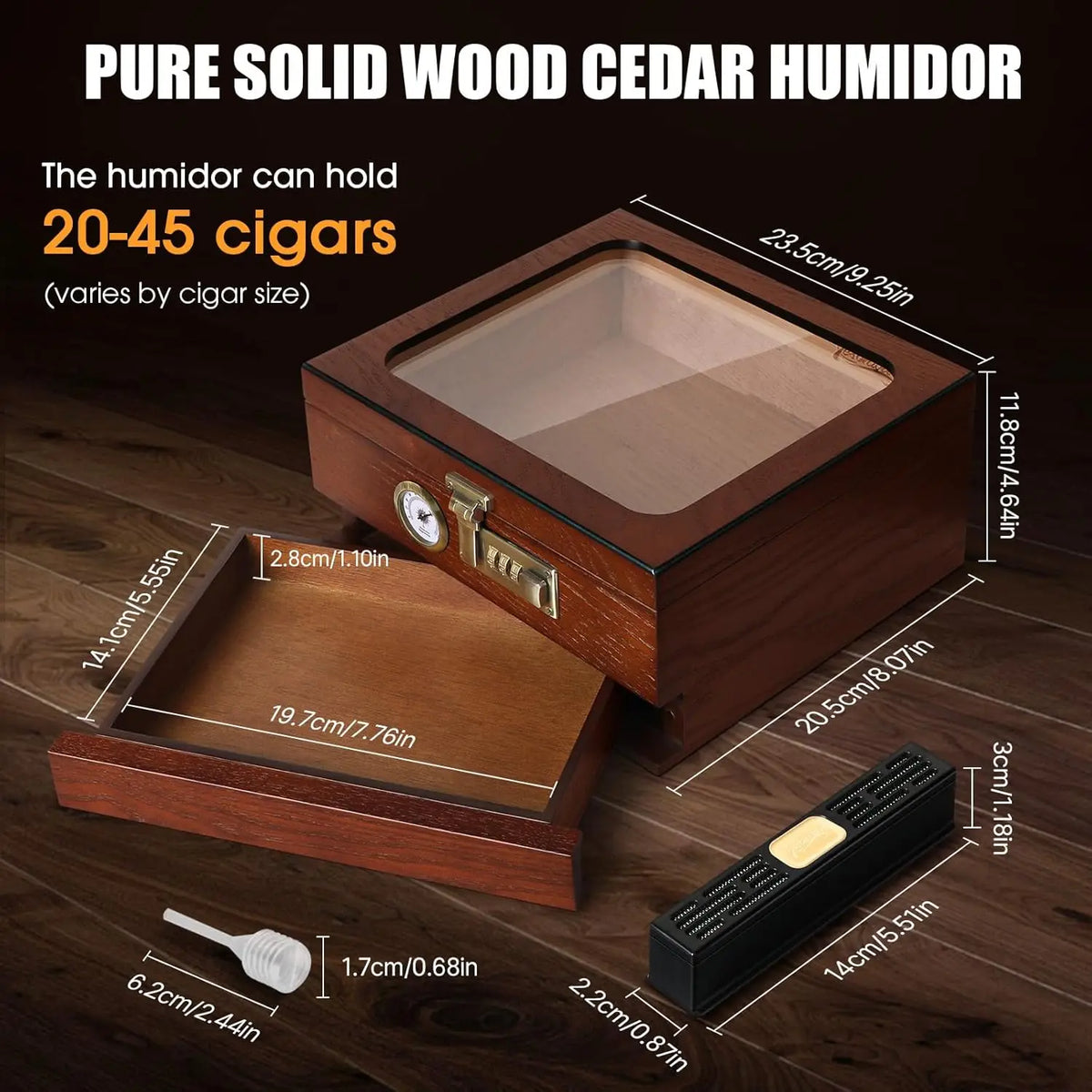 Accessories drawer open on cedar cigar humidor showing space for cutter and lighter