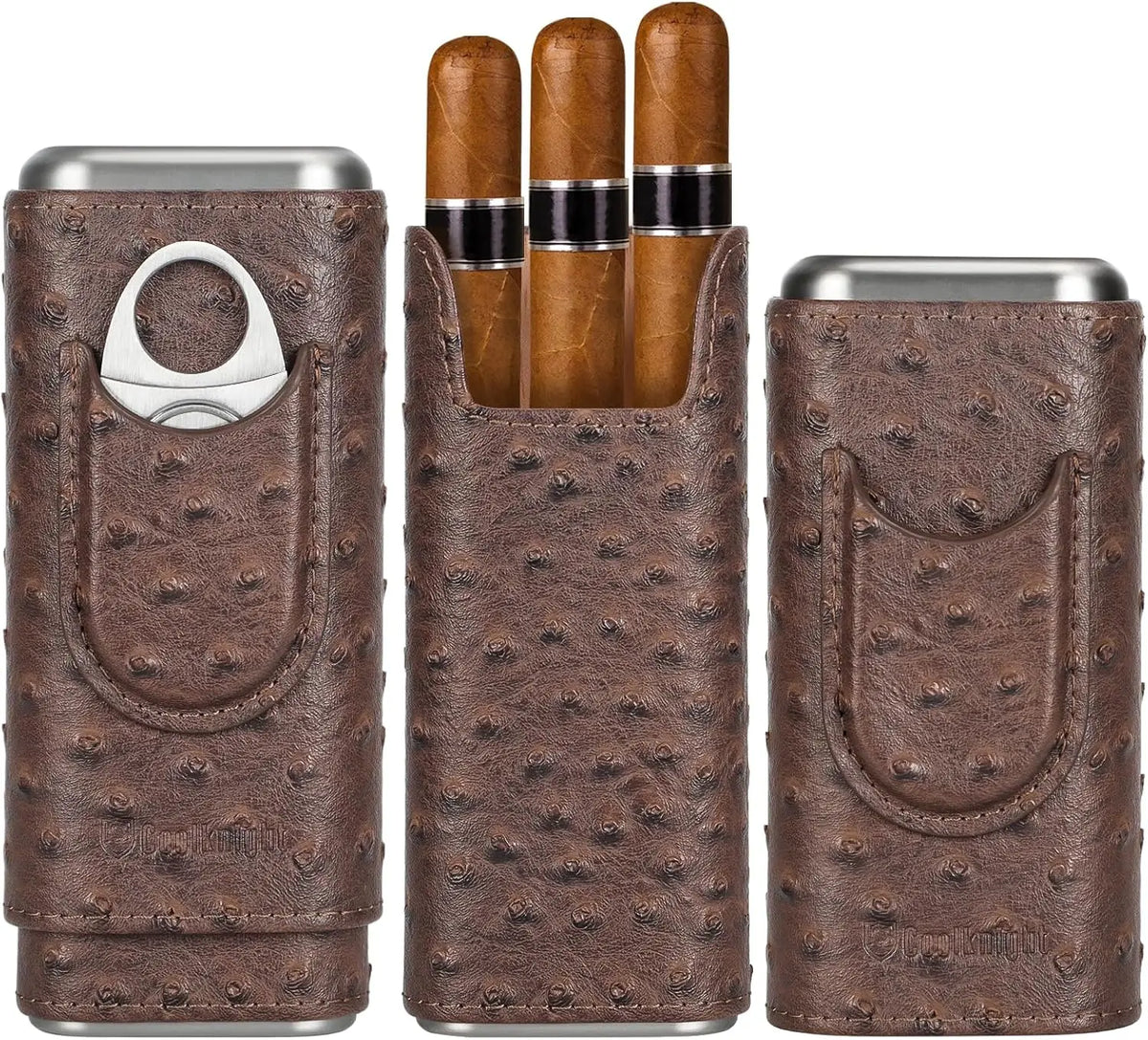 Cigar travel case size comparison next to standard Robusto and Churchill cigars