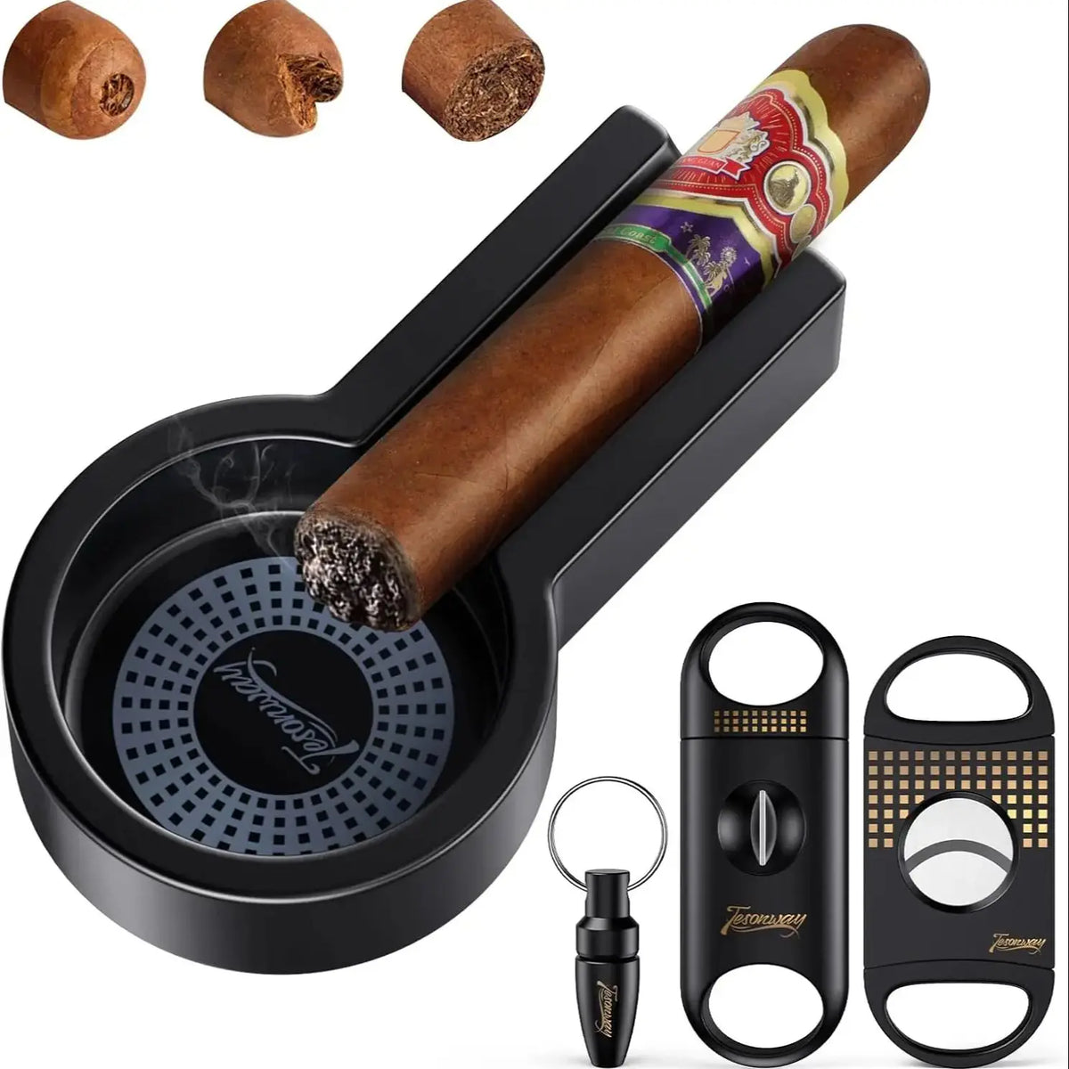 Double-blade guillotine cigar cutter from the 4-piece portable set, stainless steel