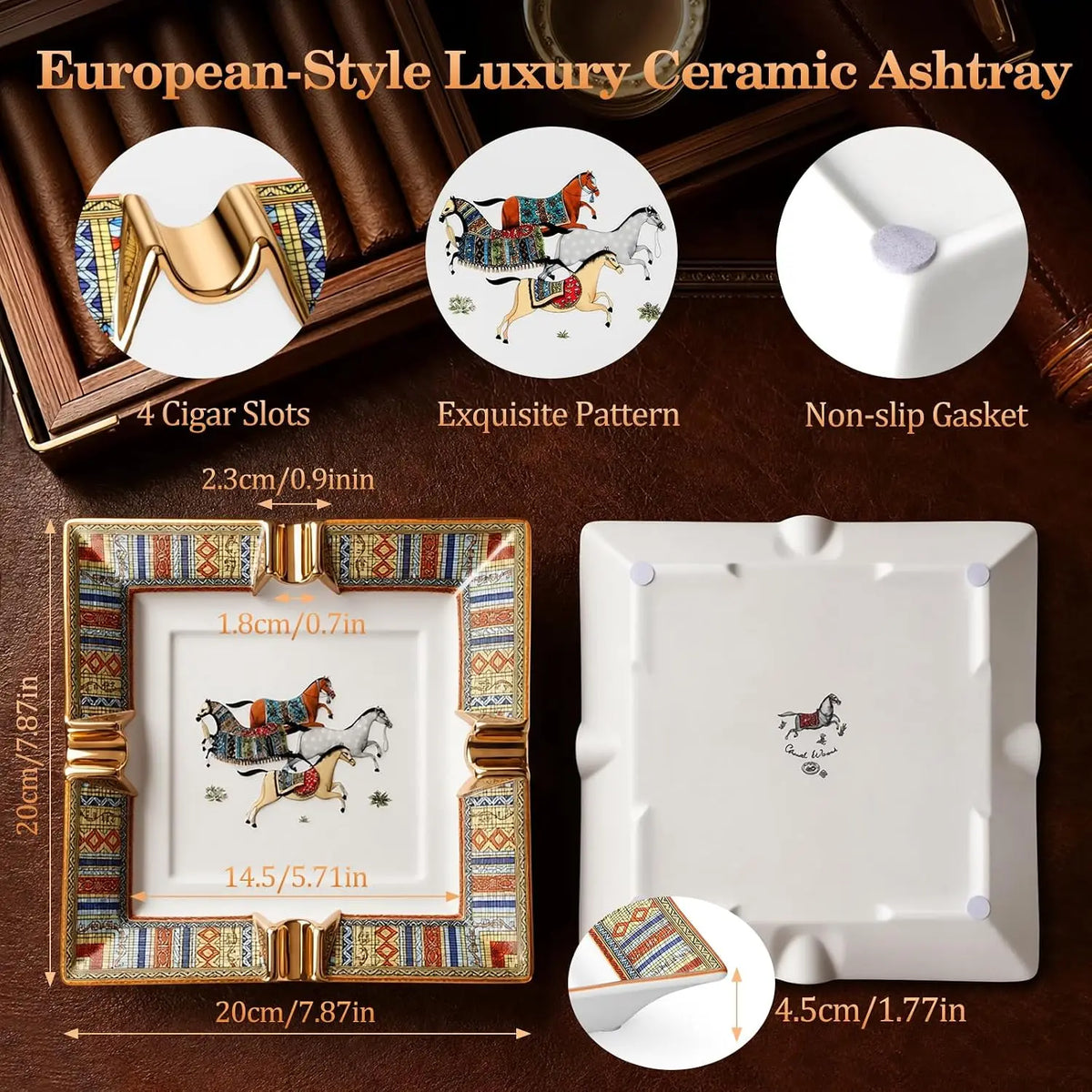 Scotte ivory ashtray with four cigar rests viewed from above, 195mm square format