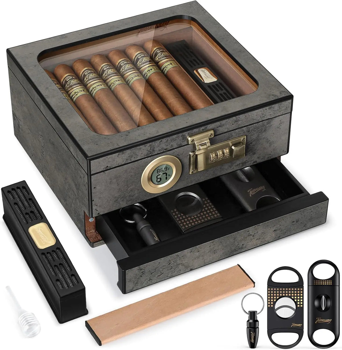 Cedar Wood Desktop Cigar Humidor with Glass Top