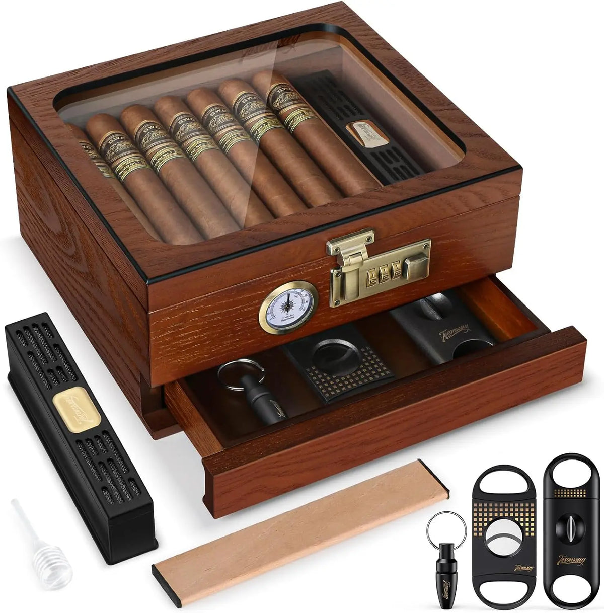 Interior cedar lining and divider of desktop cigar humidor holding 20 to 45 cigars