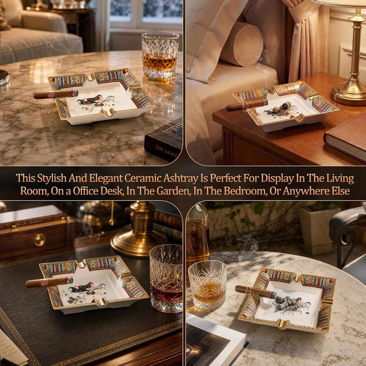 Scotte four-slot cigar ashtray placed on a study desk next to a humidor