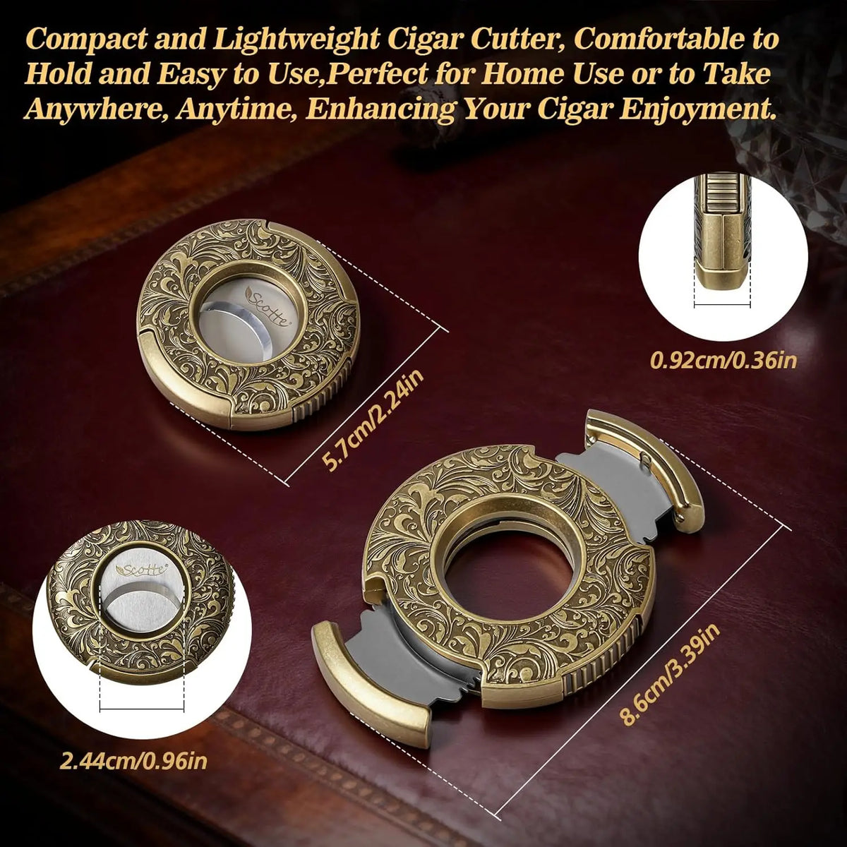 Scotte bronze cigar cutter side profile showing round ergonomic shape, 5.7 cm diameter