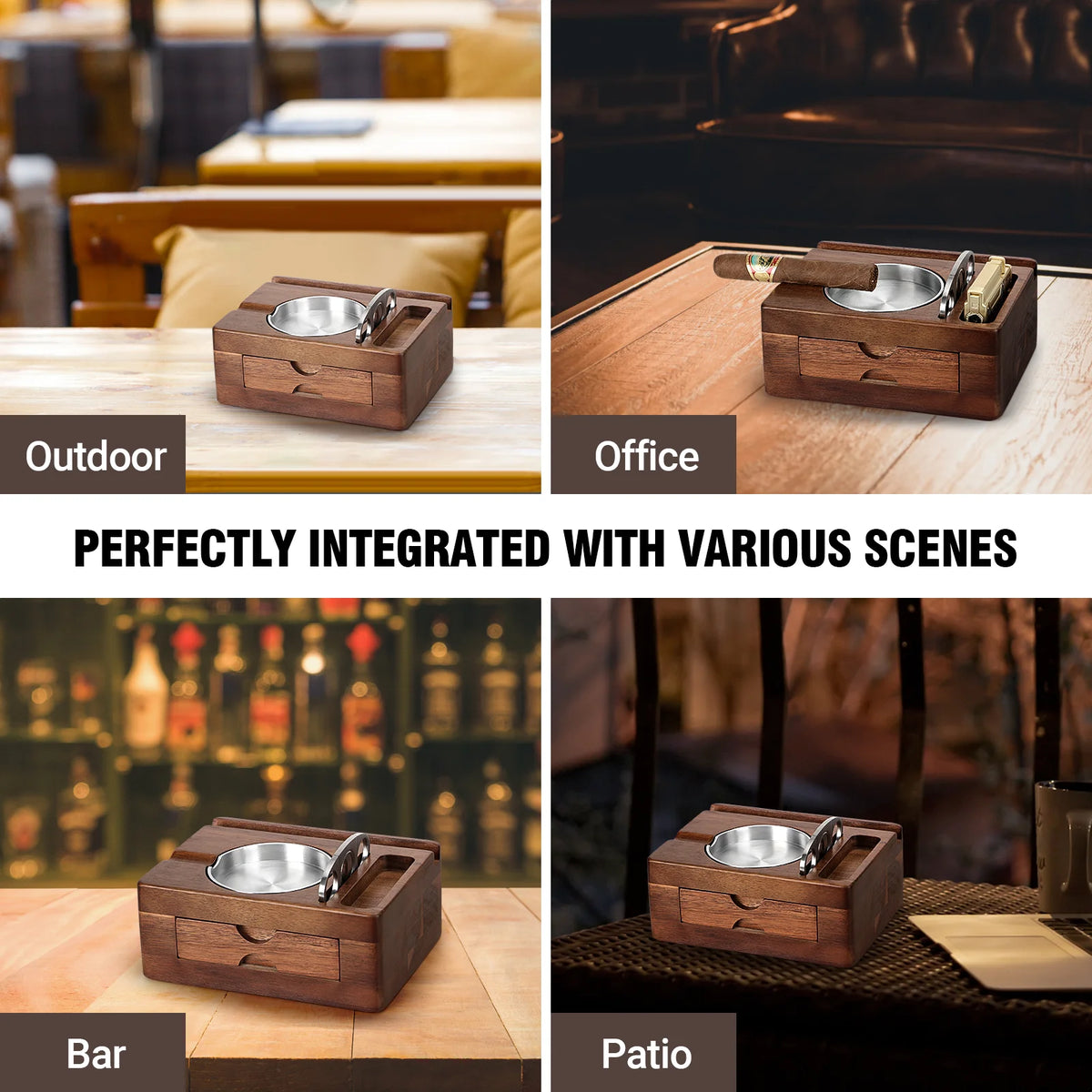 Wooden cigar ashtray gift set complete view showing all included accessories