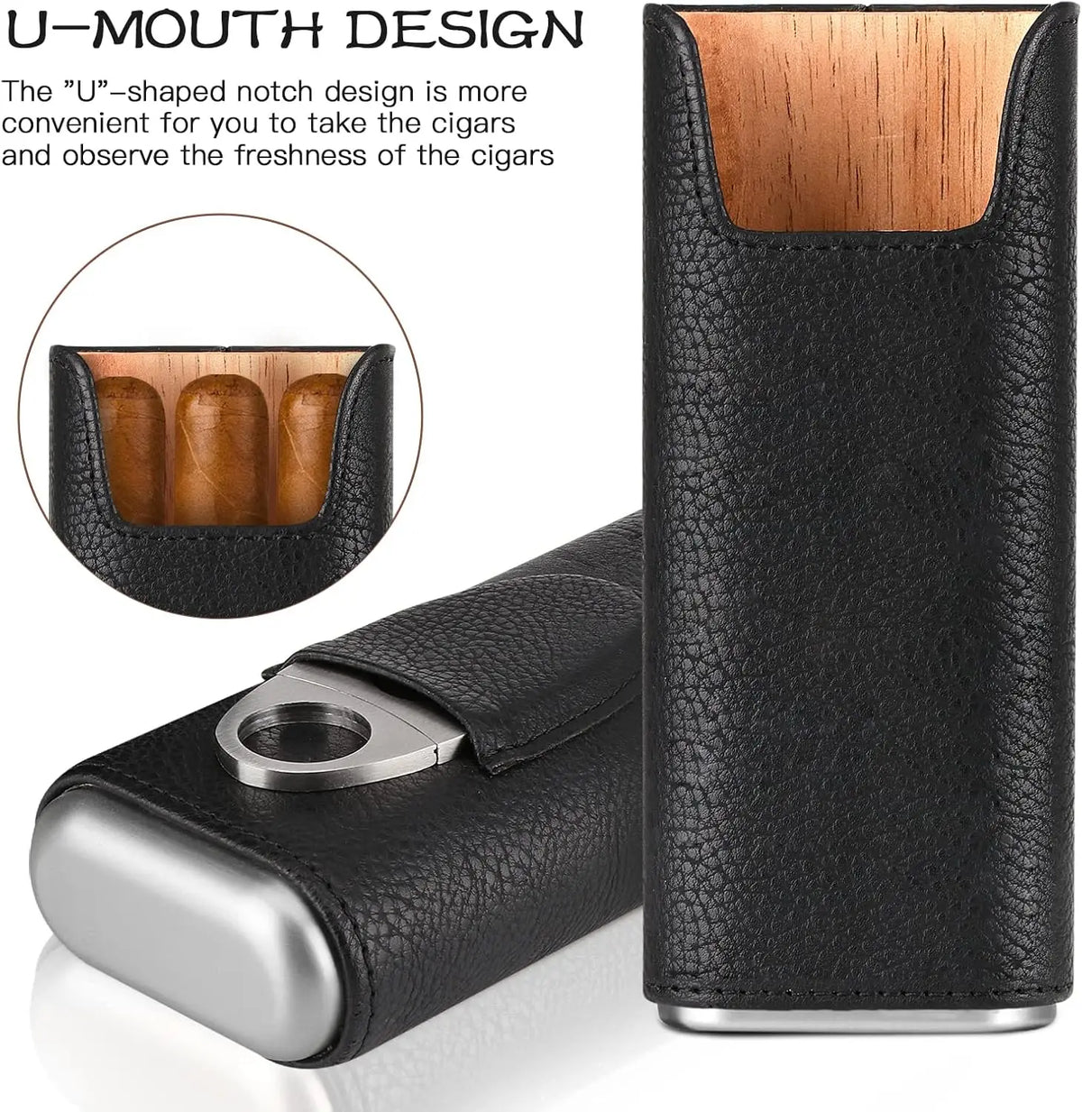 Brown leather cigar travel case closed, side profile showing slim 1.5-inch depth