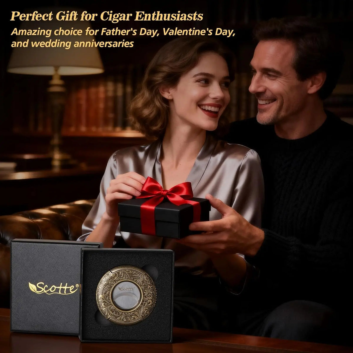 Scotte bronze engraved cigar cutter in travel position, blades locked closed
