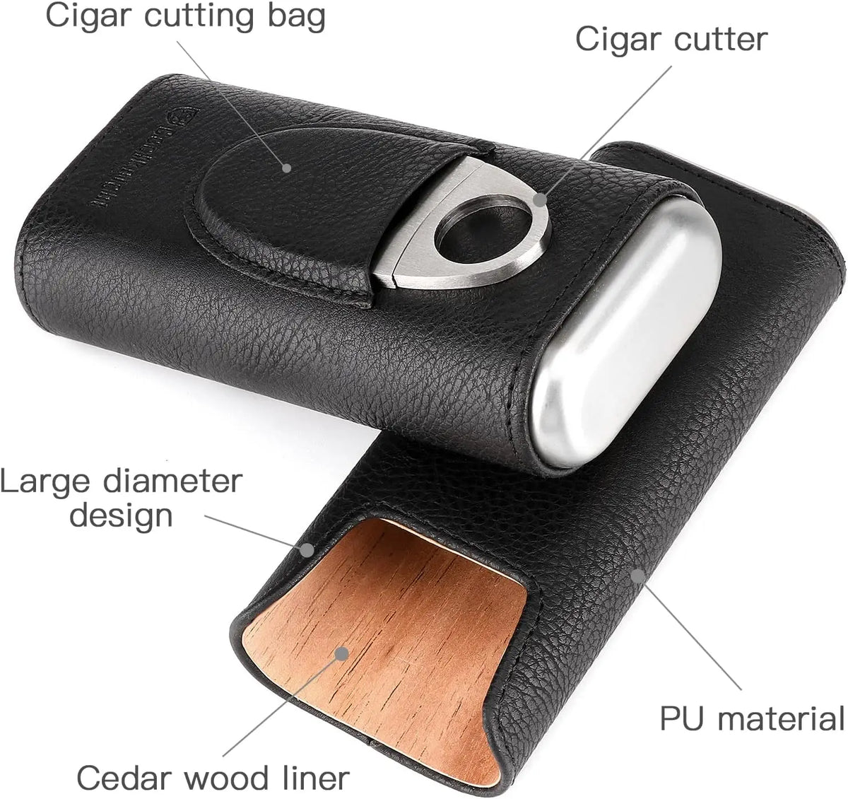 Ostrich texture leather cigar case open with cutter stored in front pocket