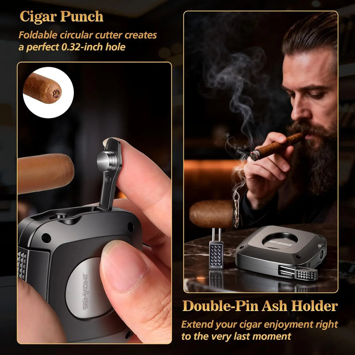 Cigar cutter folded to 2.36 x 2.36 x 0.79 inches next to a Robusto cigar