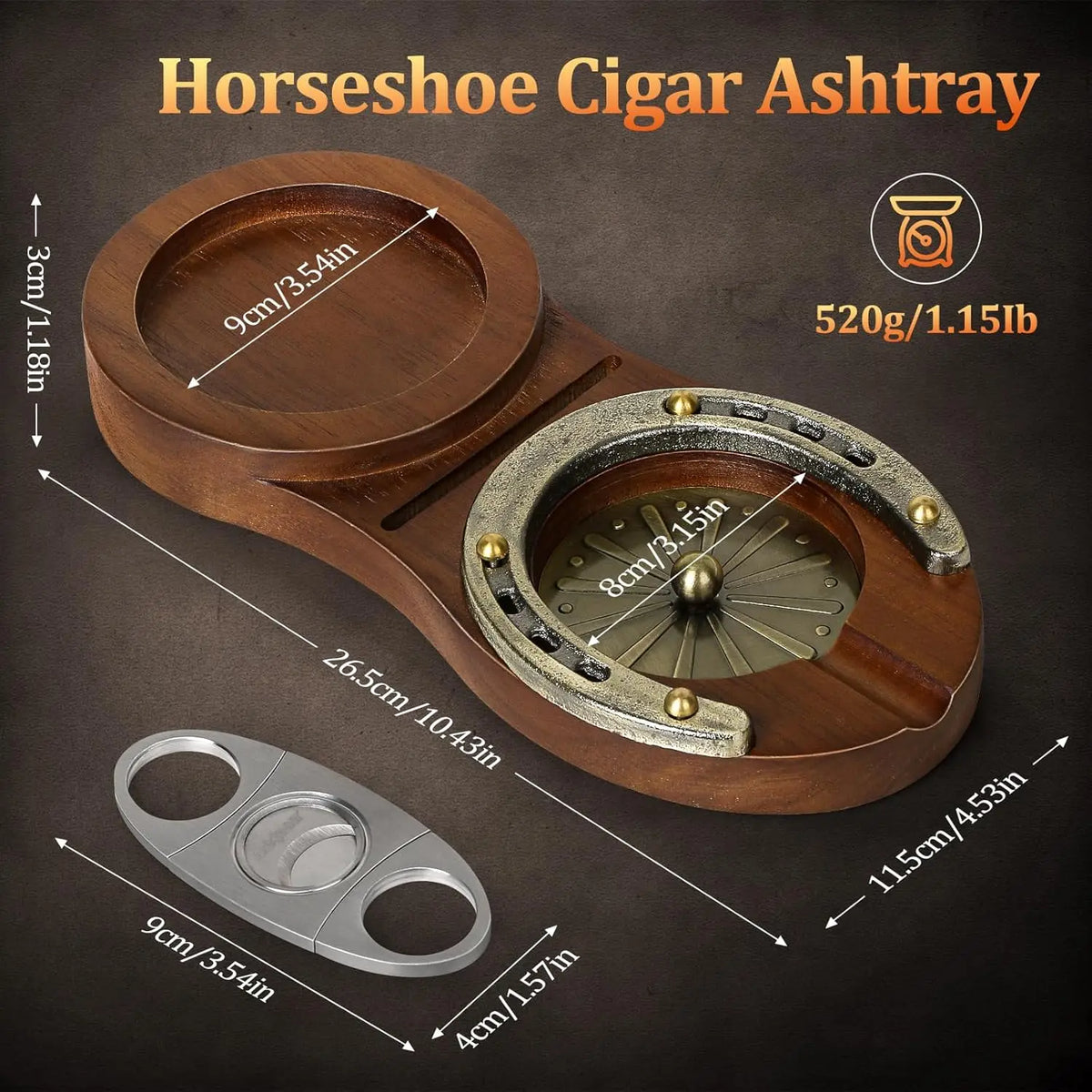 Close-up of stainless steel double-blade cigar cutter stored in the dedicated cutter slot of the wooden tray