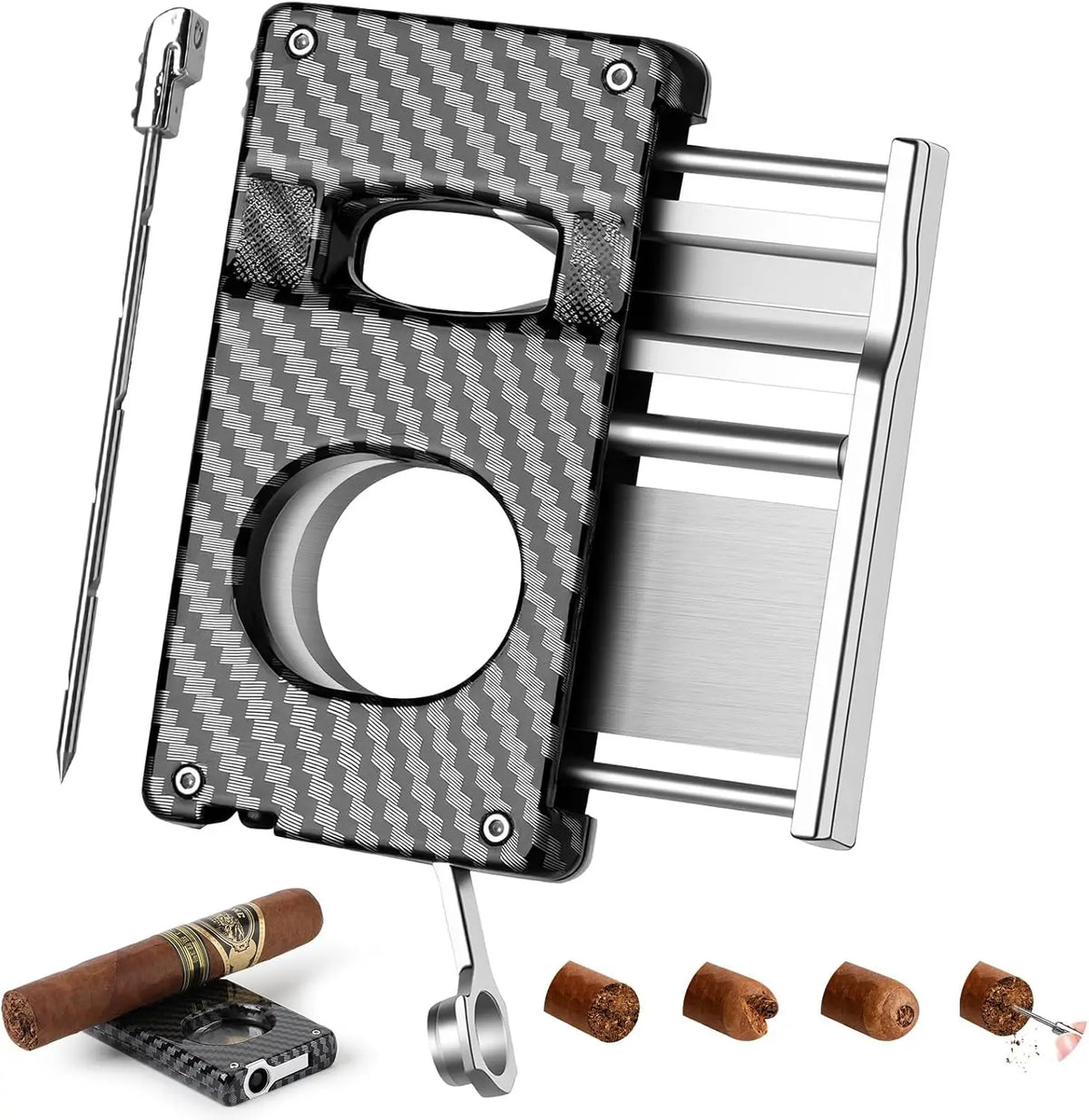 Carbon fiber 5-in-1 cigar cutter showing V-cutter blade detail and aluminum alloy frame