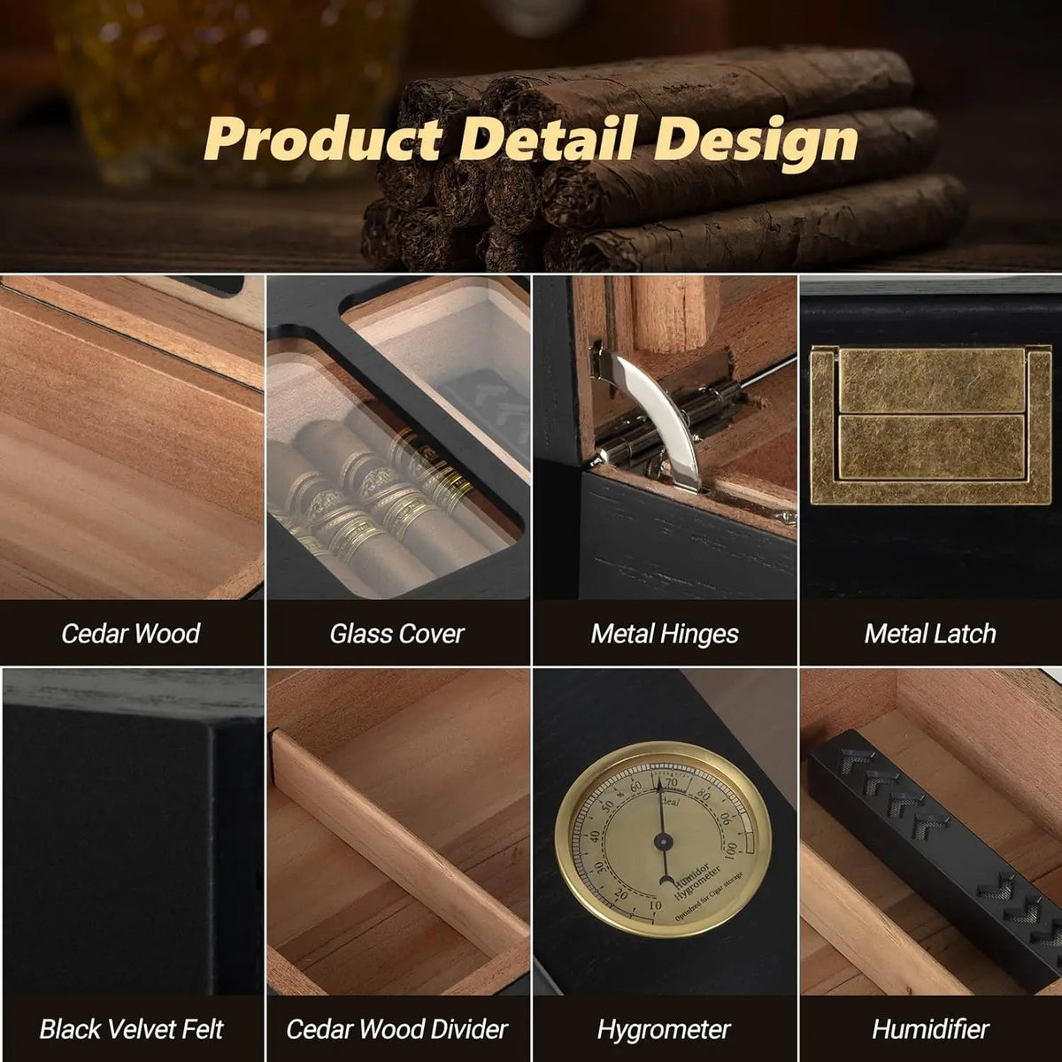 Metal locking clasp detail on the cedar wood cigar humidor, brown finish