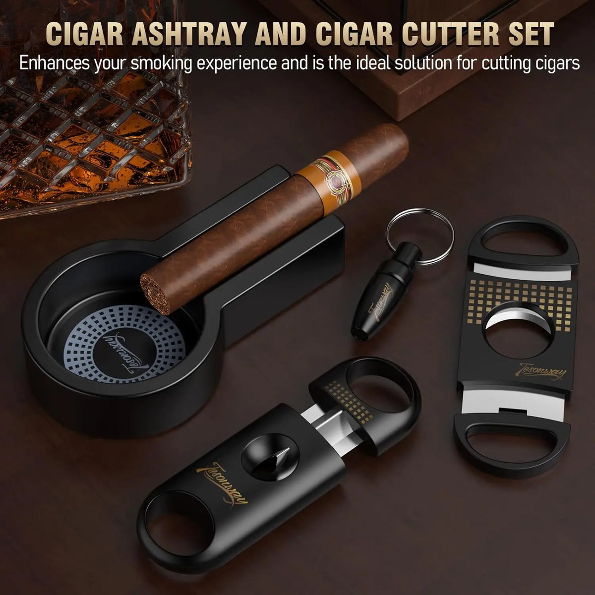 Cigar ashtray and V-cut cutter set packaged as a cigar gift set for men
