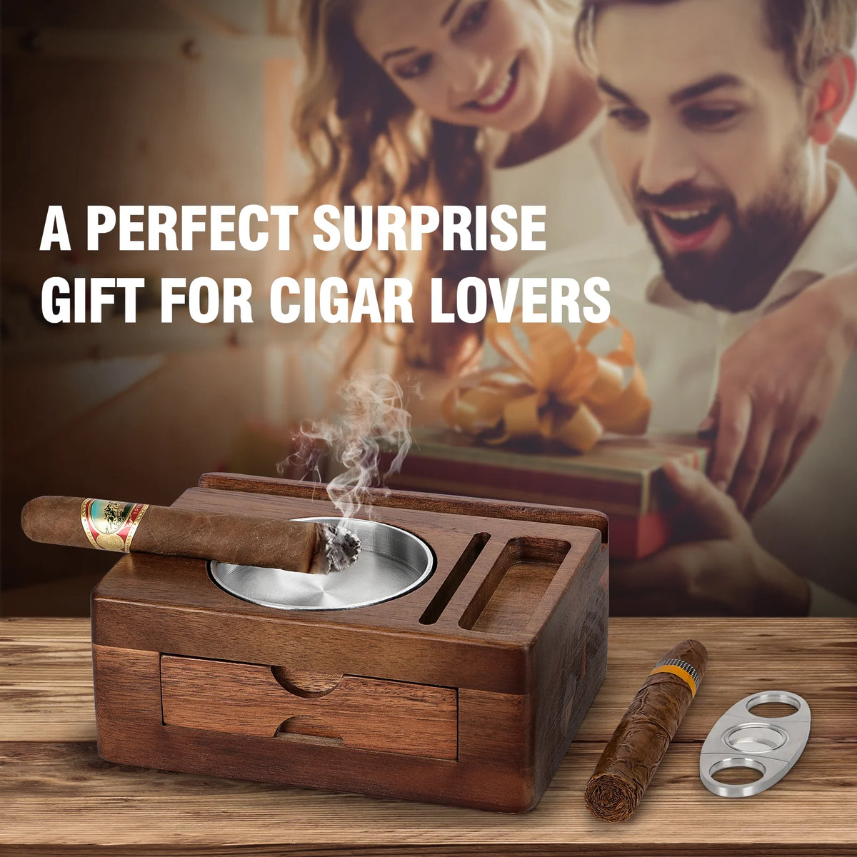 Wooden cigar ashtray with tablet propped in integrated stand bracket