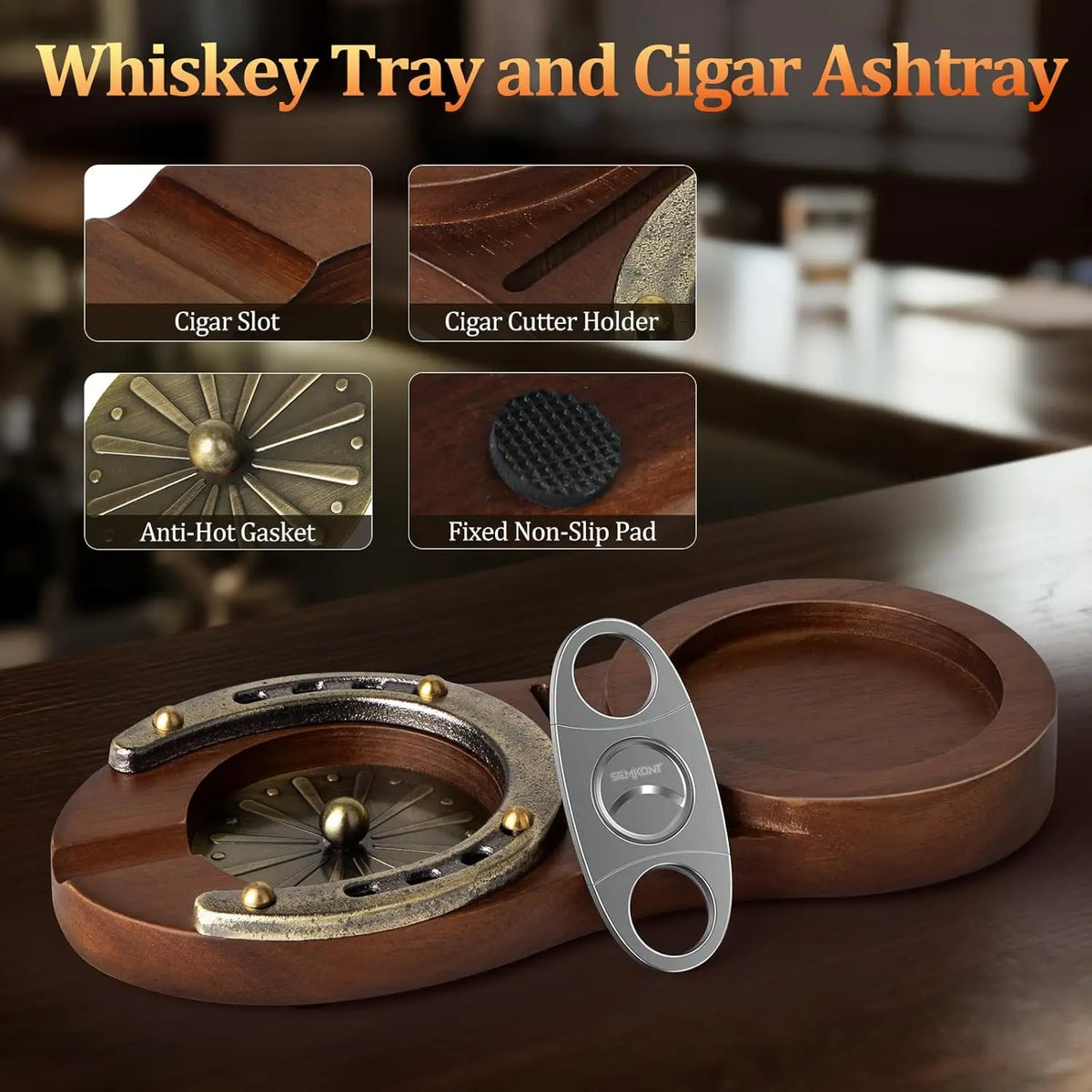 Side profile of the horseshoe wooden cigar ashtray showing 1.18-inch height and protective wood coating