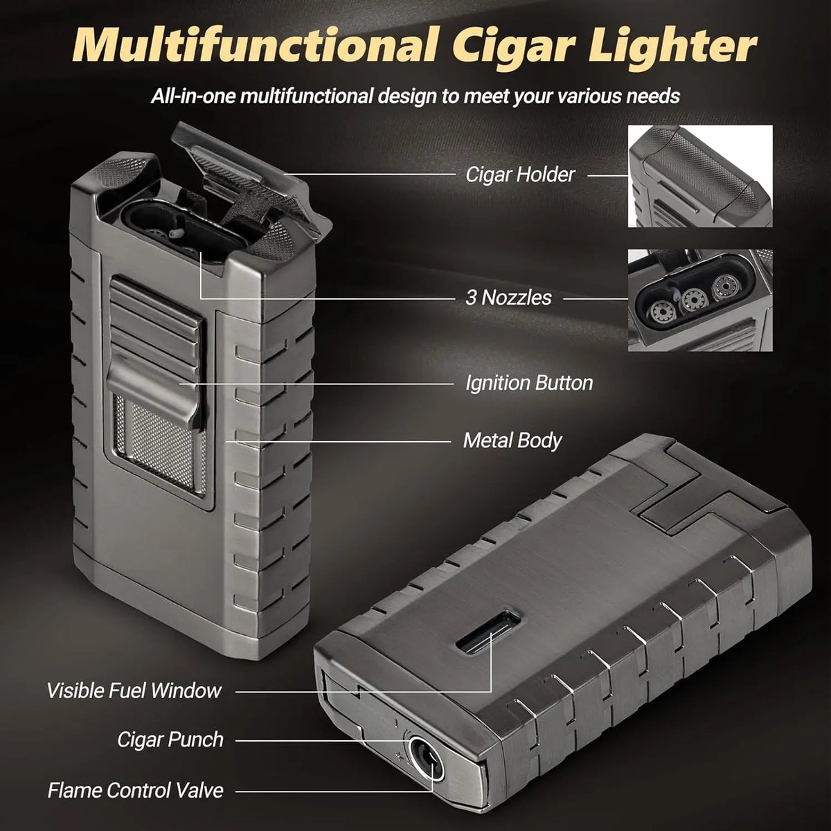 Black finish cedar cigar humidor with glass top, front view with clasp closed