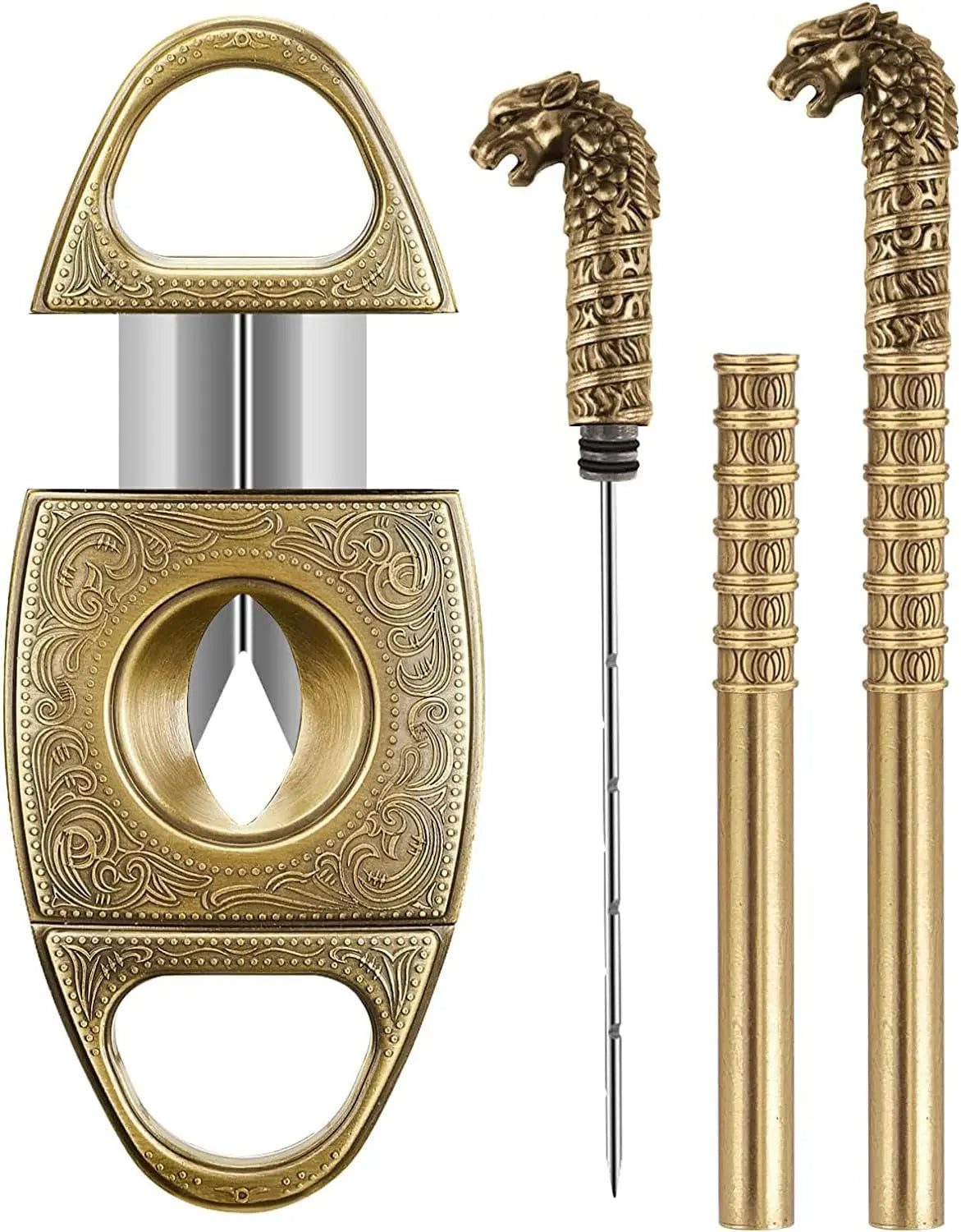 Scotte V-cut cutter engraved alloy body detail, gold finish close-up