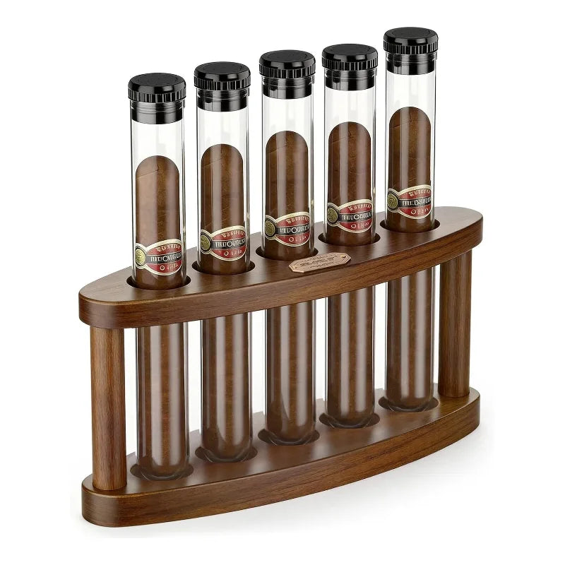 Cigar humidor gift set unboxed, all five PC tubes and acacia wood stand laid out before assembly