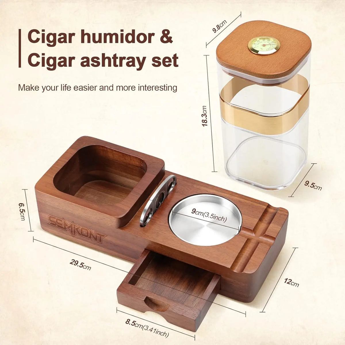 Stainless steel guillotine cigar cutter included in the SEMKONT wooden humidor set