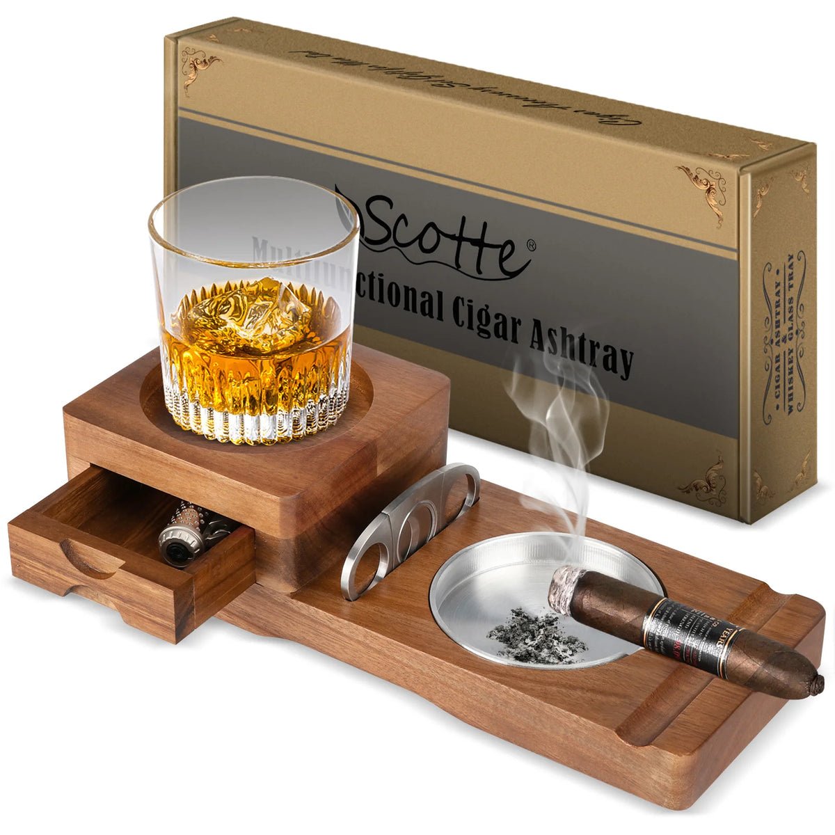 Scotte wooden cigar ashtray tray with whiskey glass placed on coaster area, lifestyle angle