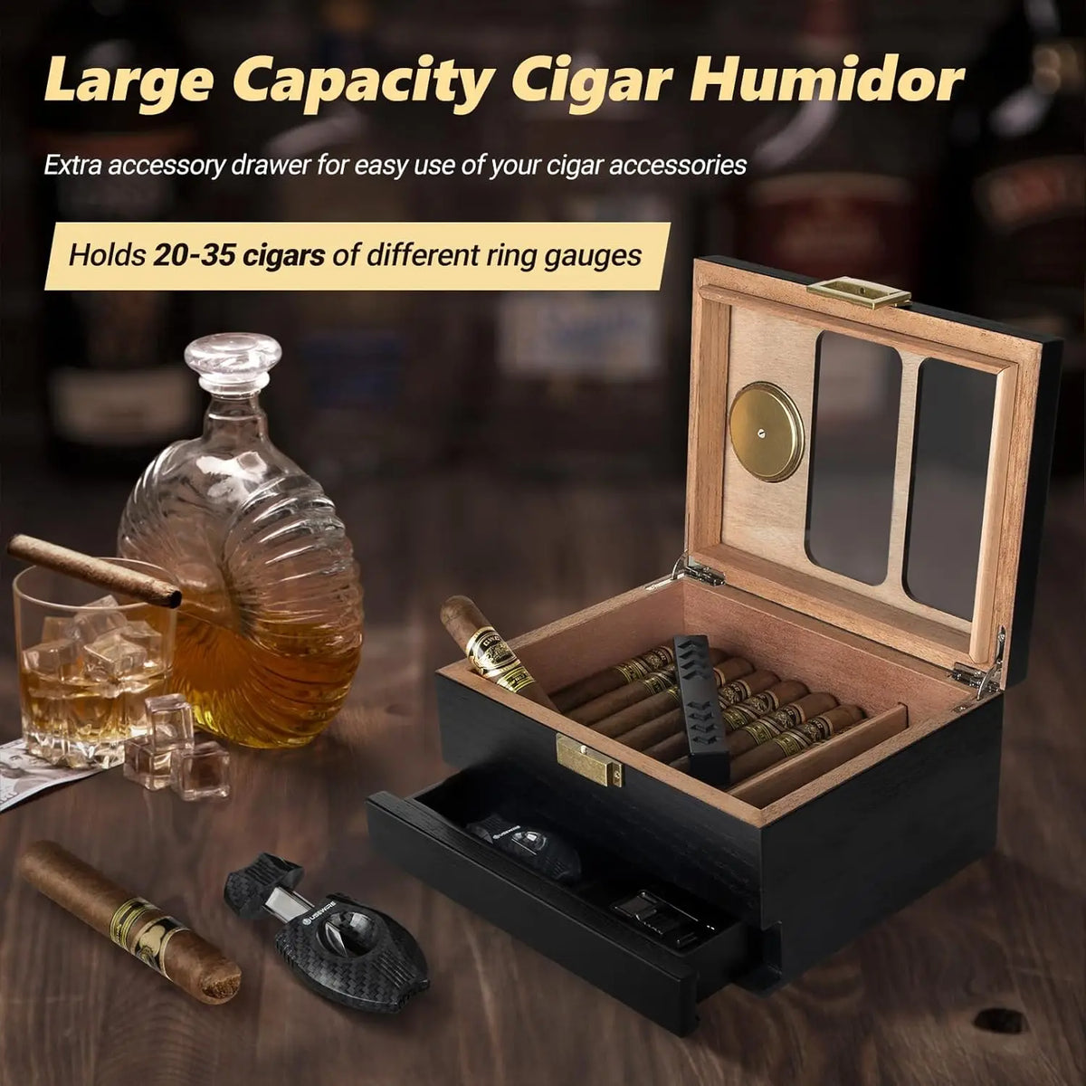 Cedar wood cigar humidor open showing cigars stored with divider, 35-cigar capacity