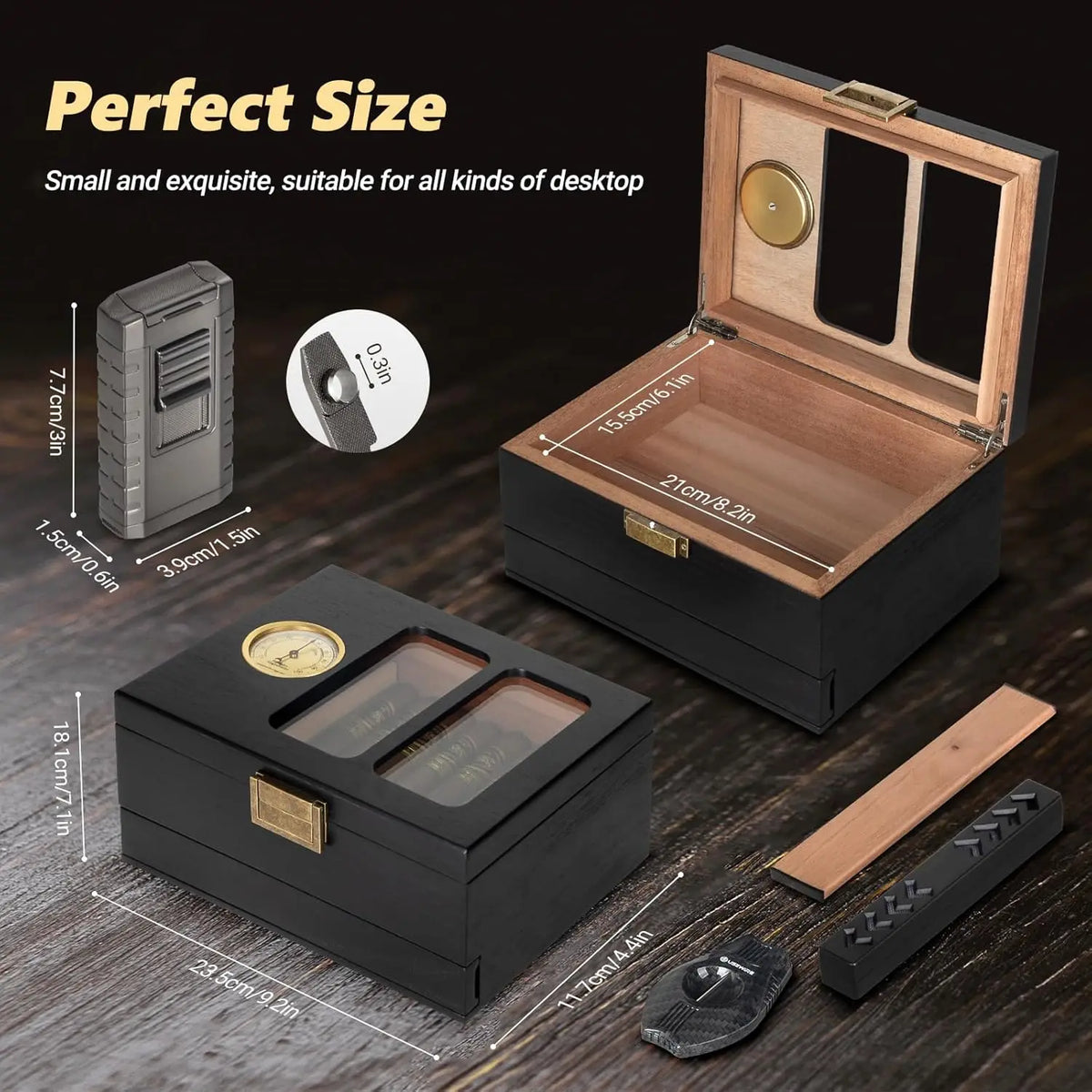 Accessory drawer of the cedar humidor holding V-cutter and butane lighter
