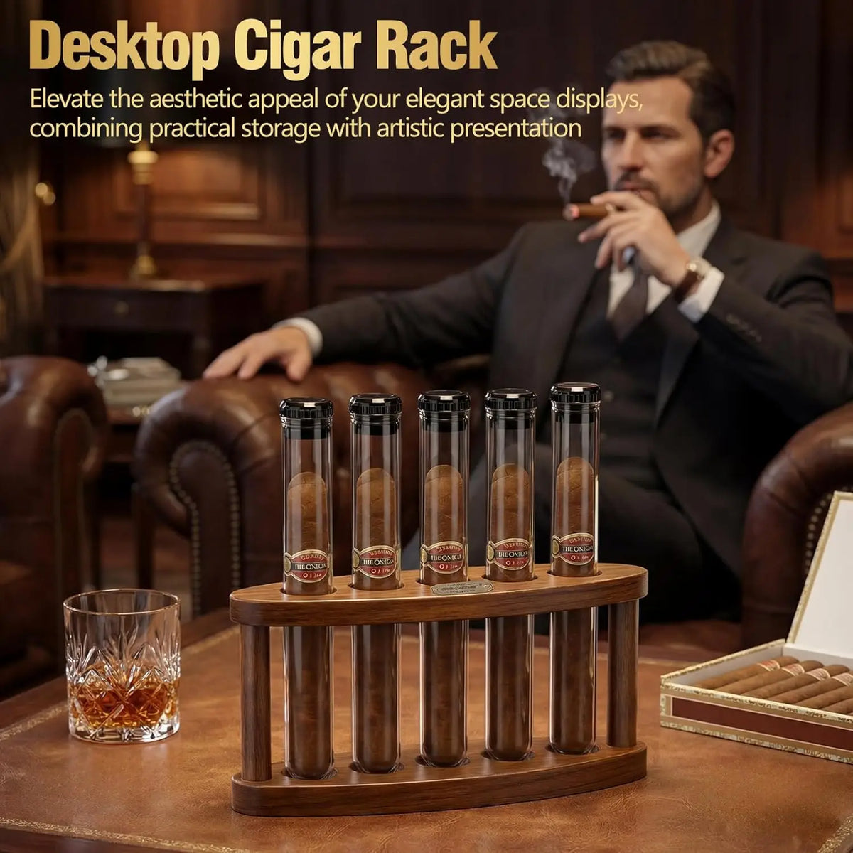 Side view of desktop cigar tube humidor set showing tube angle and acacia base profile