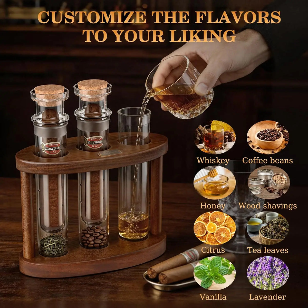 Three cigar infusion glass tubes upright in wooden desktop stand, side view