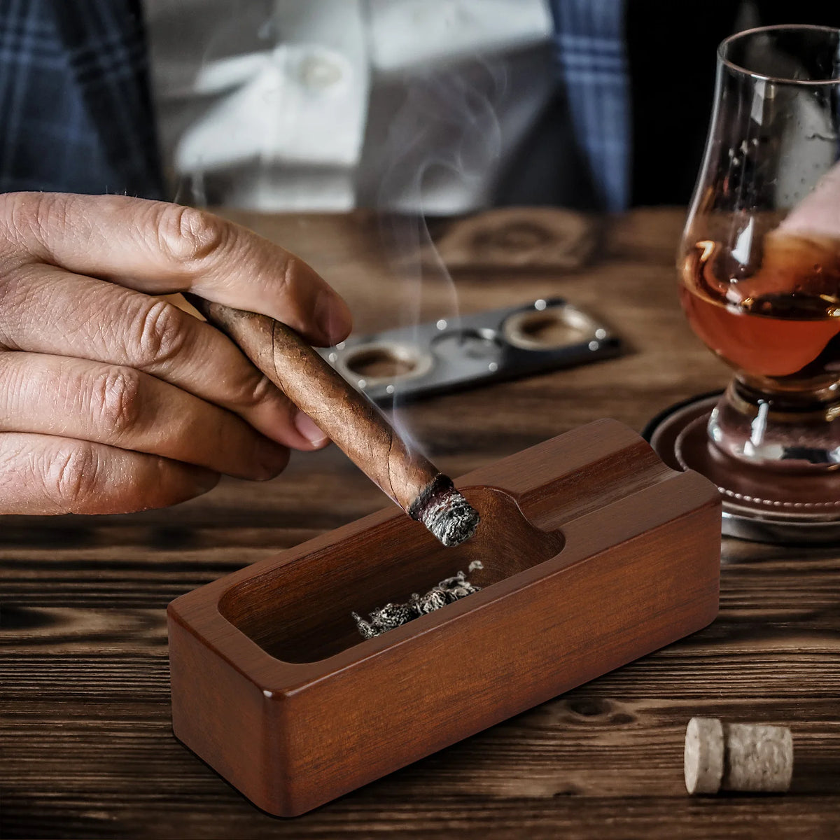 Wooden cigar ashtray side profile showing 1.55-inch depth and smooth sealed finish