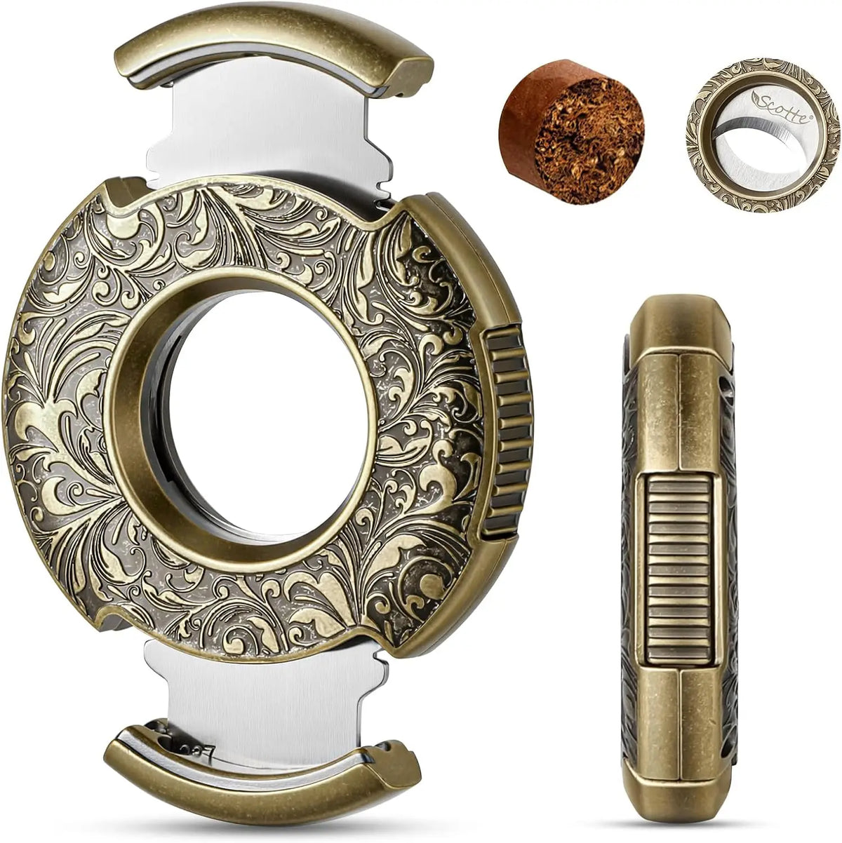 Scotte bronze cigar cutter top view showing engraved metal body detail