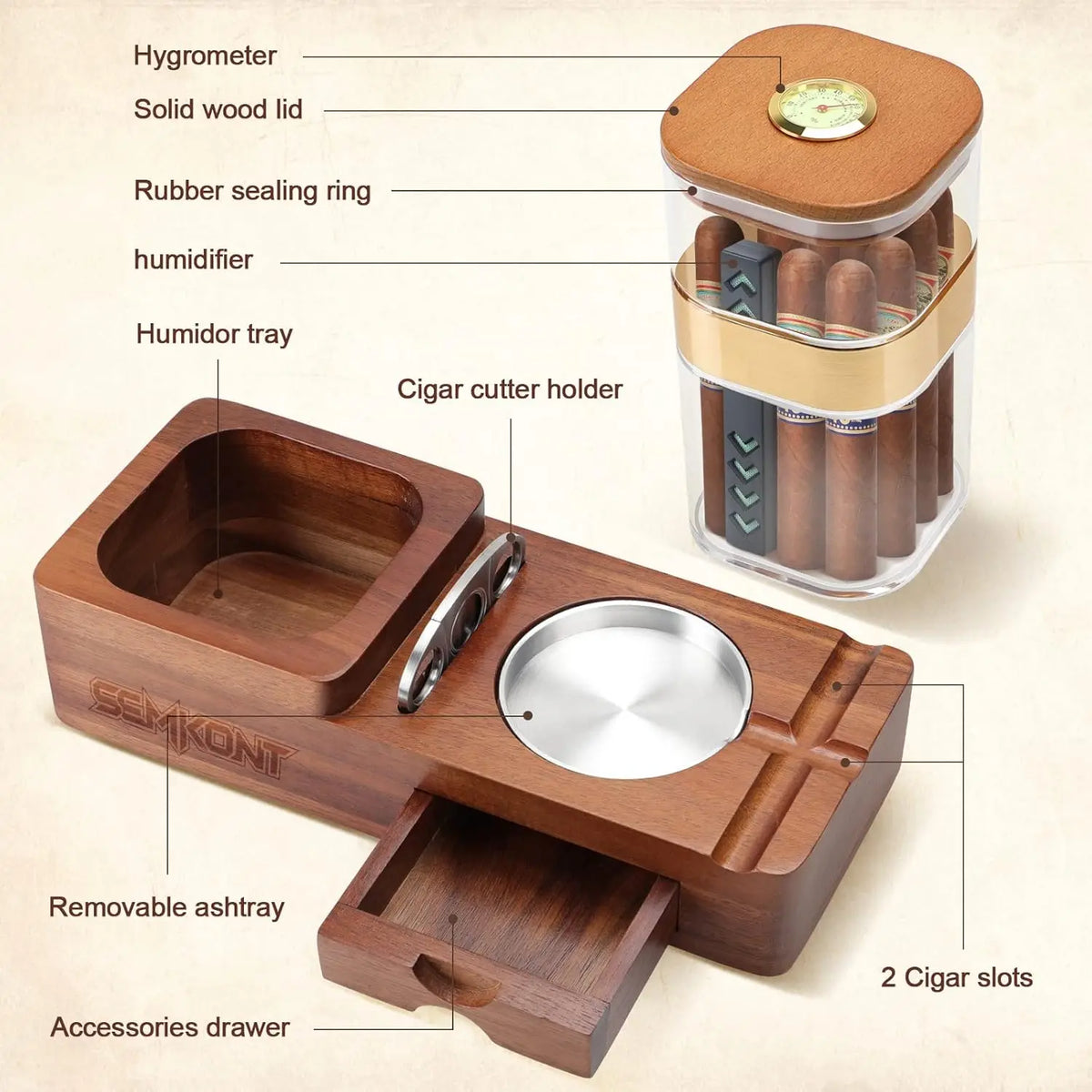 Removable aluminum ashtray with two cigar slots lifted from the wooden tray