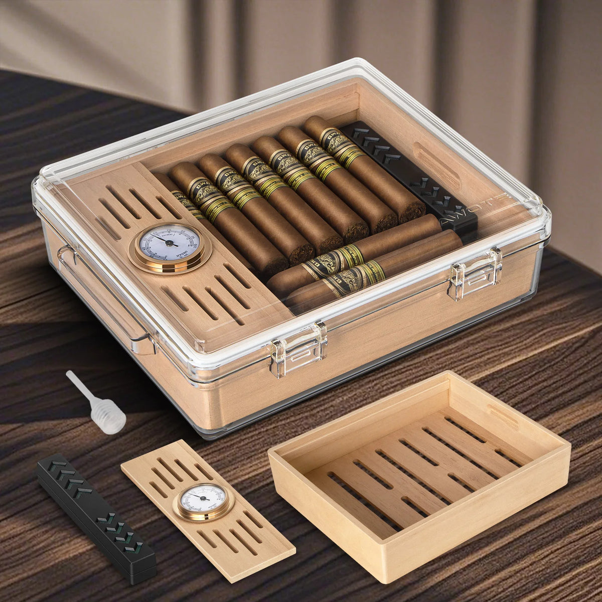 Cedar wood tray inside clear acrylic humidor holding 20 cigars by ring gauge