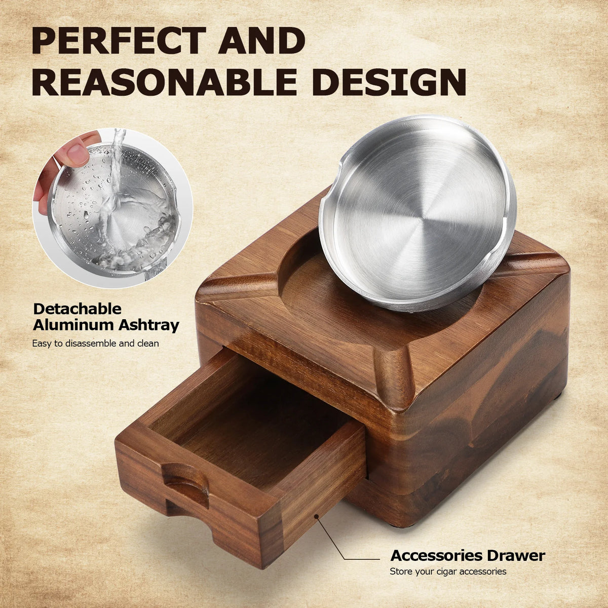 Removable aluminum liner lifted out of the hardwood cigar ashtray frame for cleaning