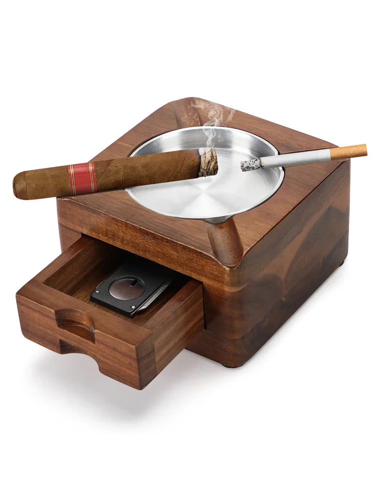 Top-down view of the 4-slot wooden cigar ashtray showing machined cigar recesses and aluminum liner