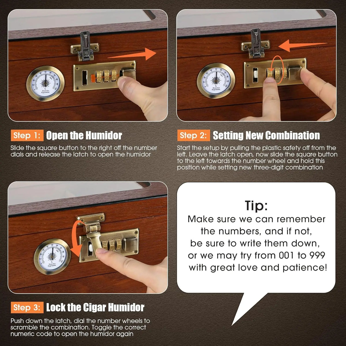 Combination lock detail on cedar desktop cigar humidor, closed position
