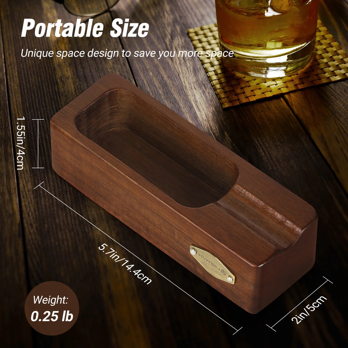 Portable wooden cigar ashtray side profile showing 1.55 inch height