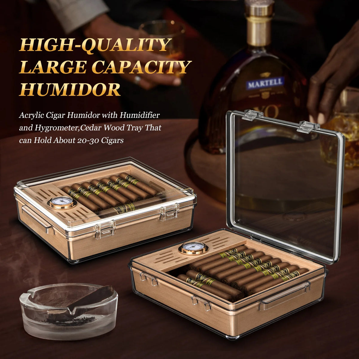 Clear acrylic cigar humidor dimensions: 9.65 x 8.07 x 3.15 inches, 2.82 lbs