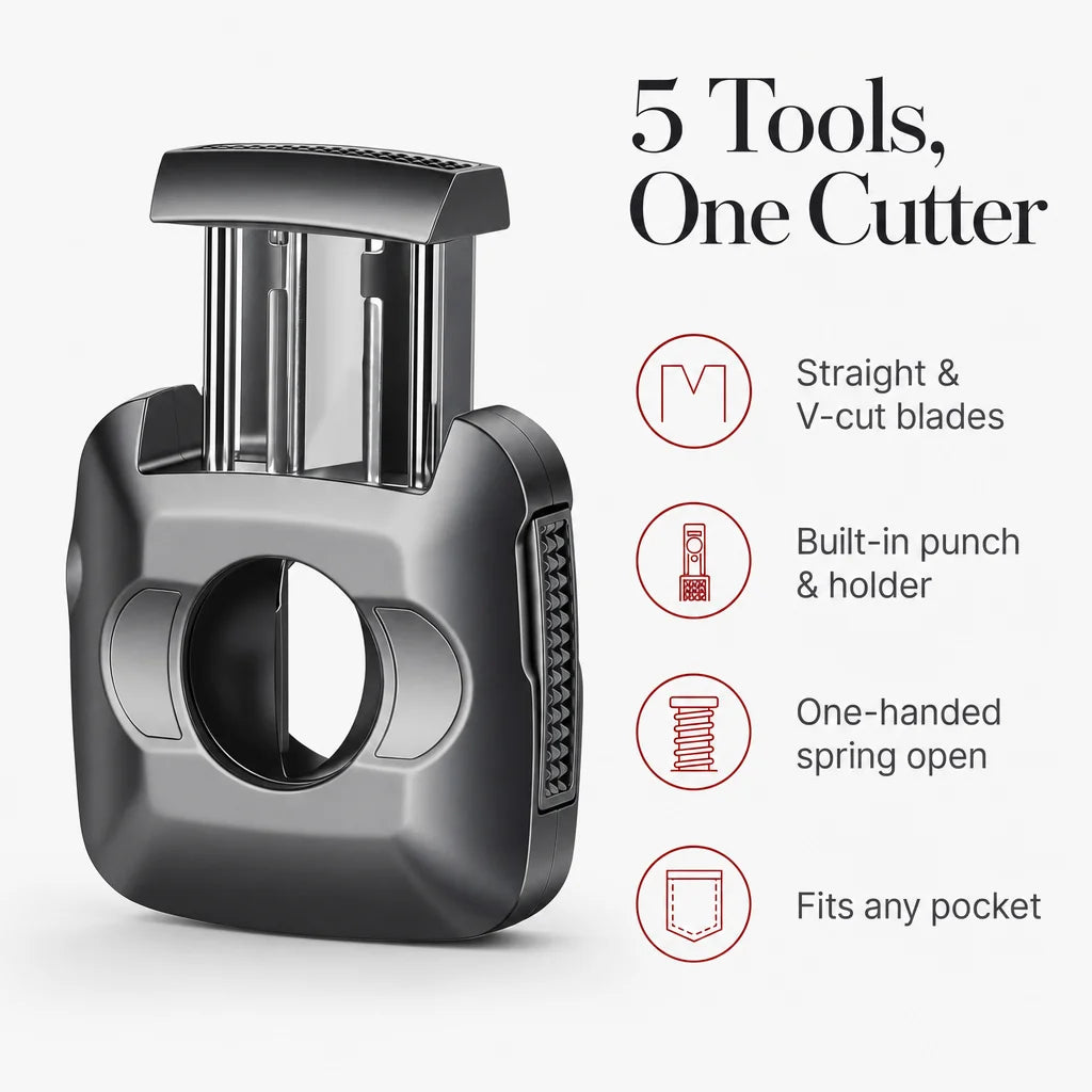 5-in-1 cigar cutter benefits: V-cut, punch, holder and dual-pin ash holder labeled