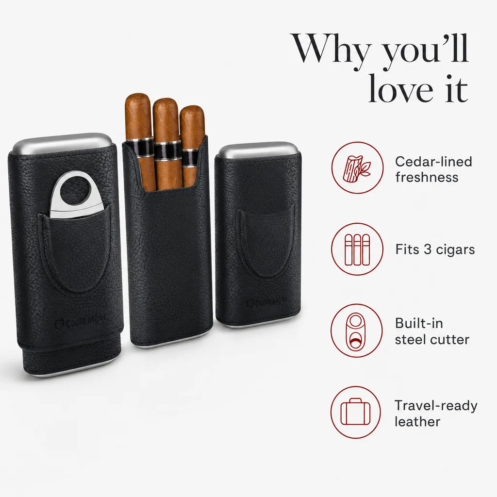 Cedar-lined cigar case open showing three cigars and stainless steel cutter pocket
