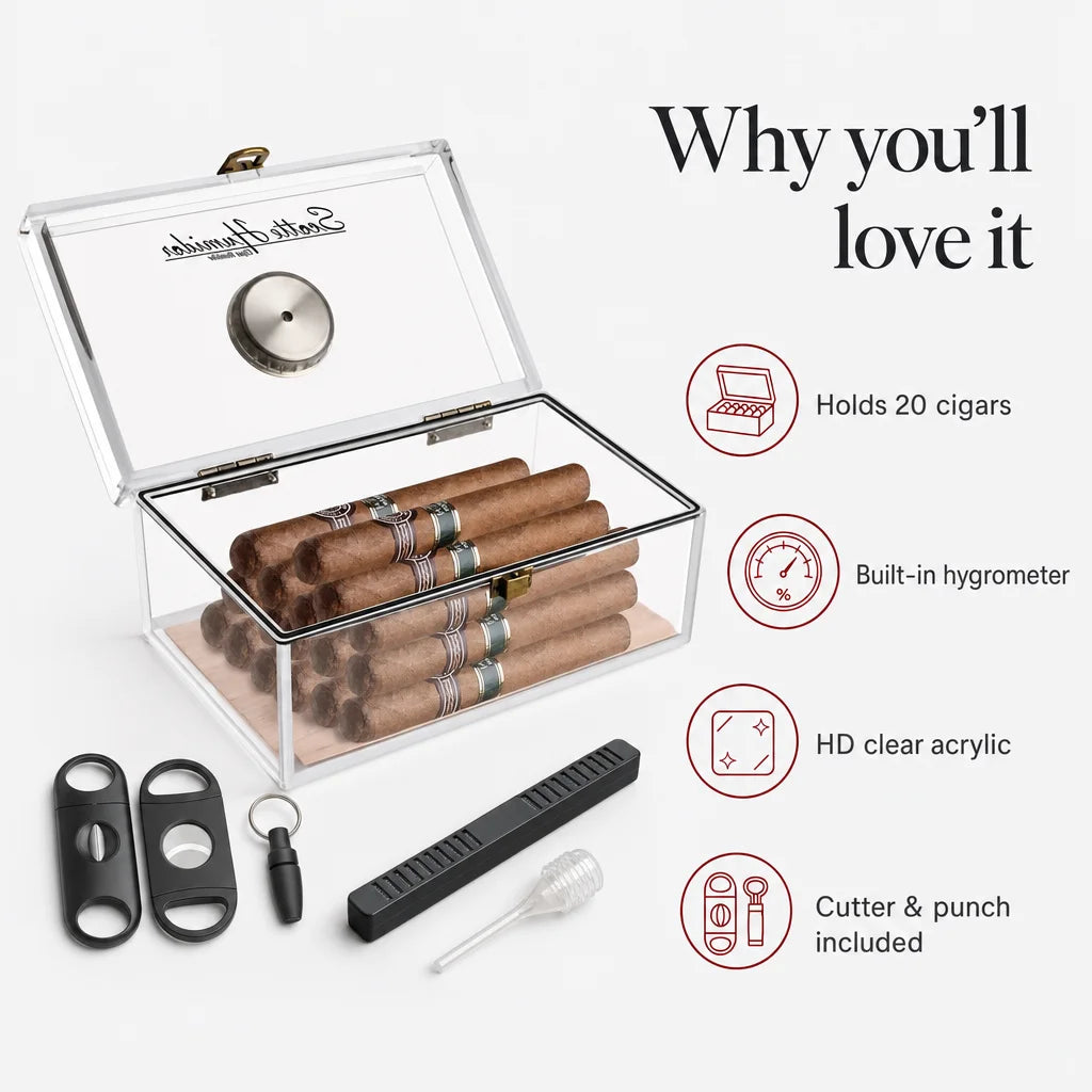 Key benefits of the Scotte 20-cigar transparent humidor box: visibility, humidity control, complete kit