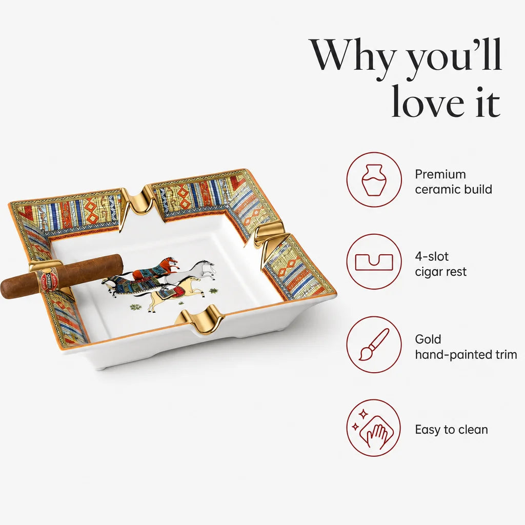 Key benefits of the Scotte four-slot ceramic cigar ashtray: non-porous glaze, gold outline, stable base