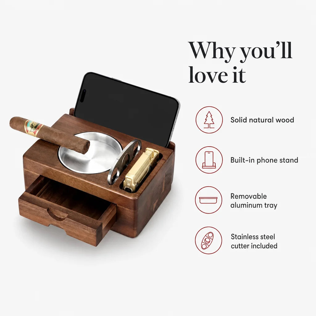 Wooden cigar ashtray key benefits: cutter slot, drawer, aluminum insert and phone stand