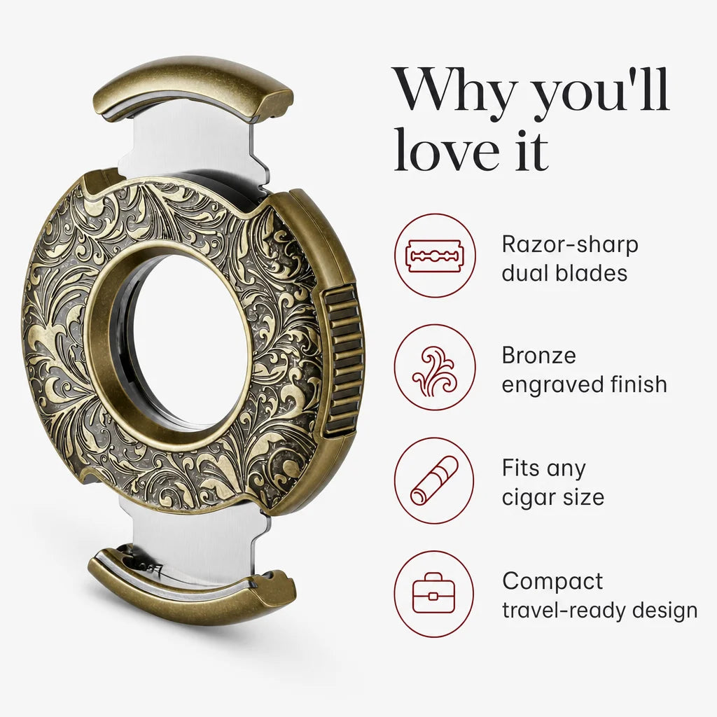 Scotte bronze cigar cutter key benefits: double stainless steel blades and spring release