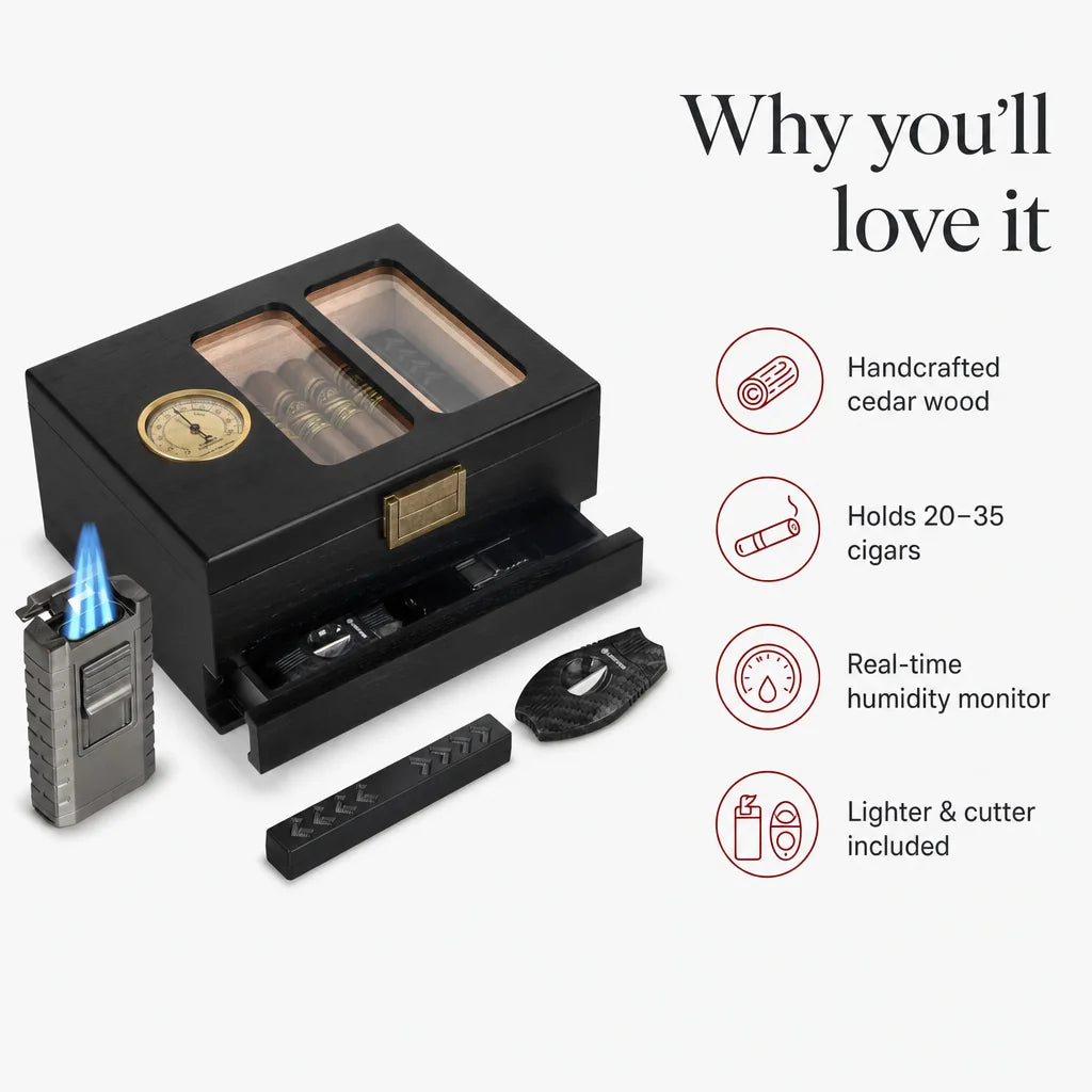 Key benefits of the cedar wood cigar humidor: hygrometer, glass lid, accessory drawer