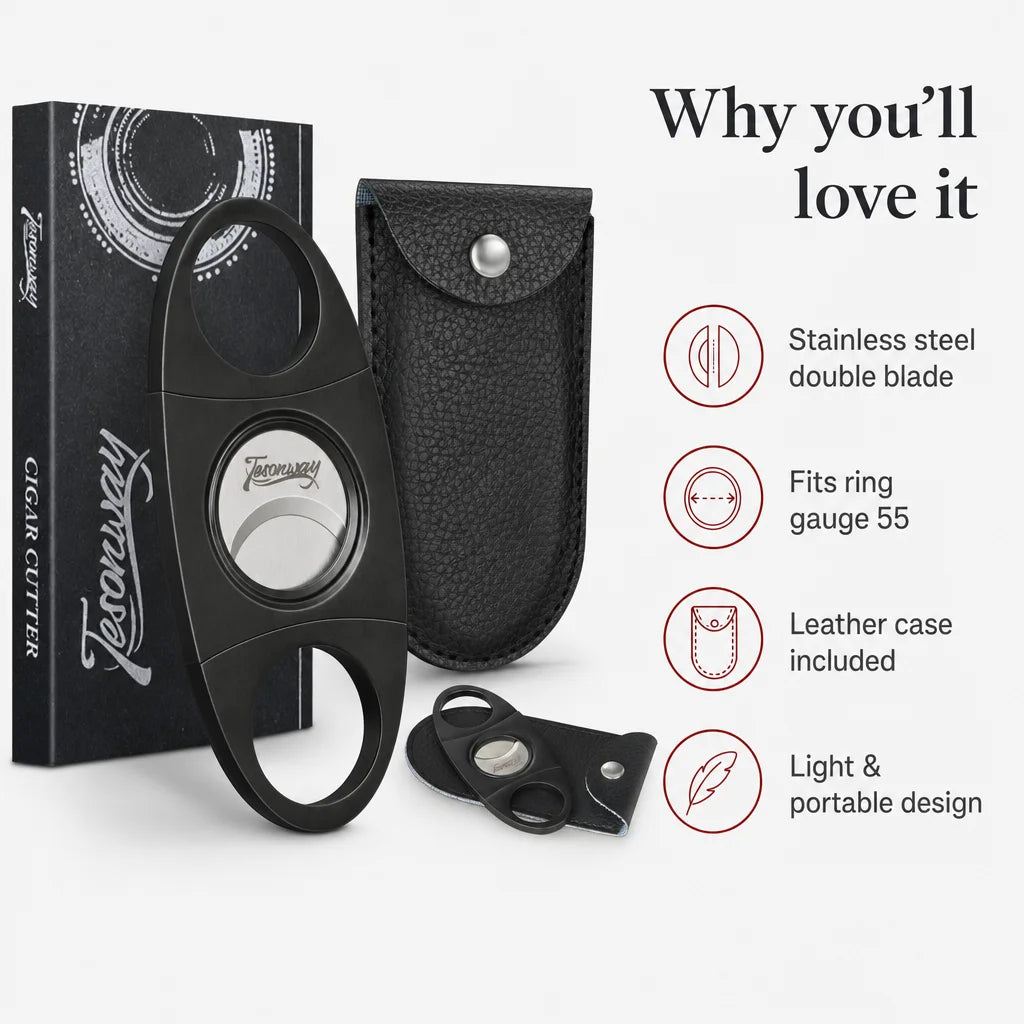 Double-blade guillotine cigar cutter key benefits: sharp blades, leather sleeve, ring gauge 55