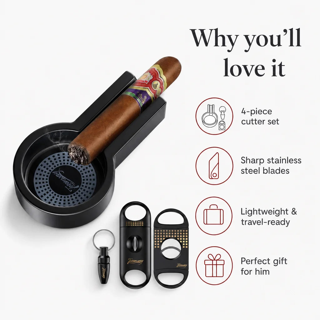Key benefits of the cigar ashtray and cutter set: heat-resistant tray, stainless blades, compact design