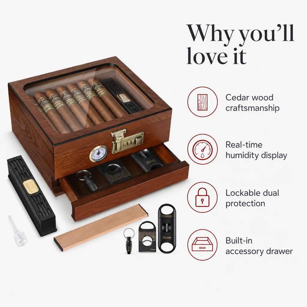 Key benefits of cedar cigar humidor: glass lid, hygrometer, accessories drawer